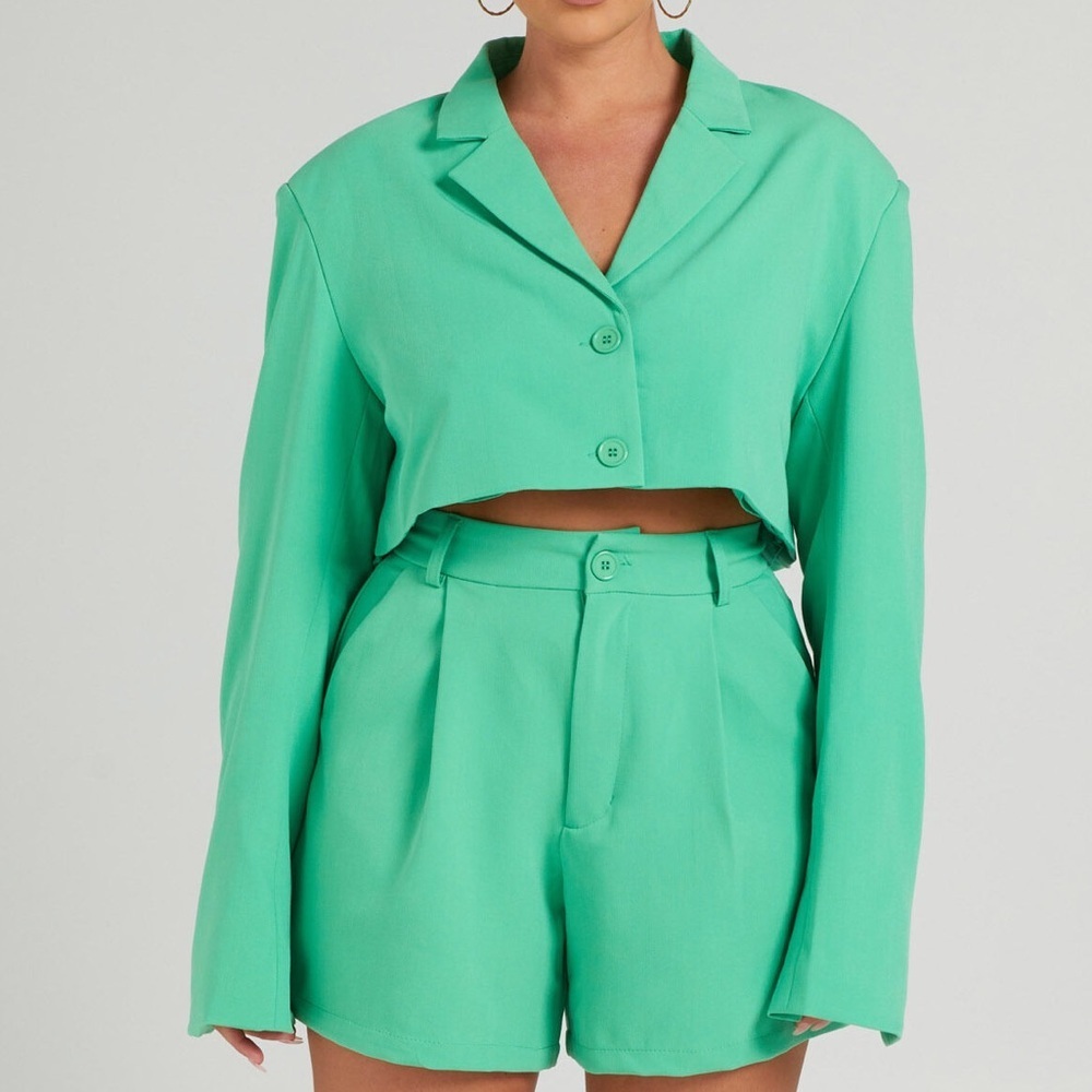 WeWoreWhat Danielle Bernstein S Green Stretch Herringbone Twill Cropped Blazer
